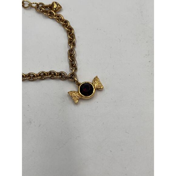 Juicy Couture Y2K Dark Red Stone Gold Tone Candy Charm Heart Link Bracelet - Picture 2 of 7